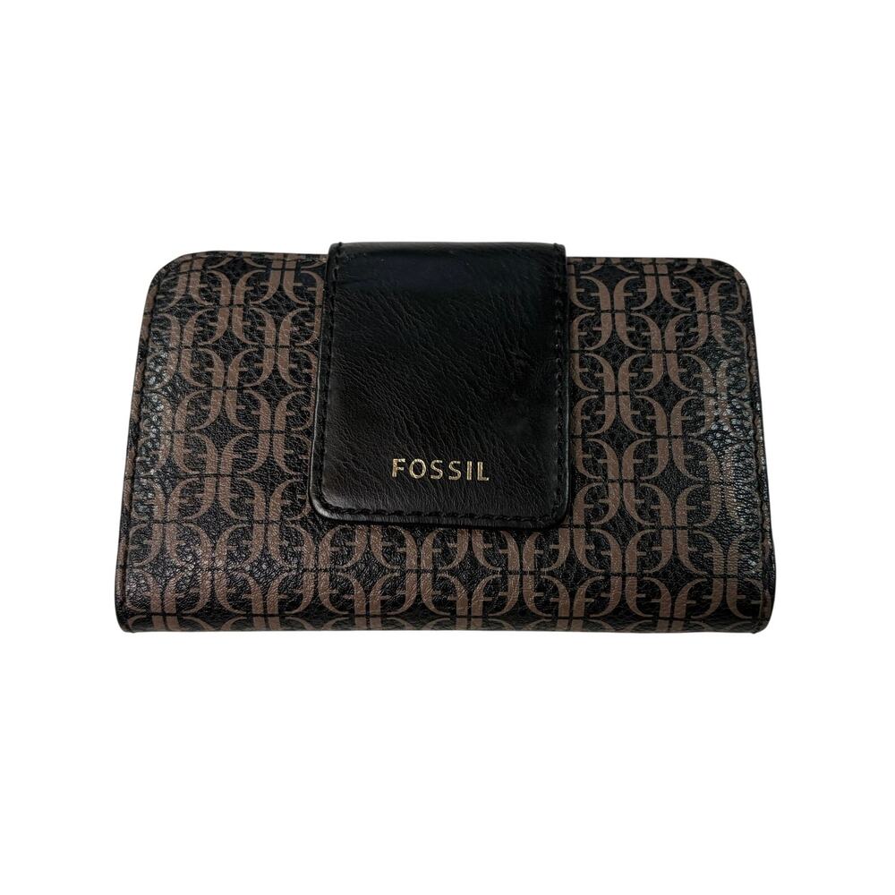 Fossil black, brown leather logo wallet, card slots and ID holder. small wallet